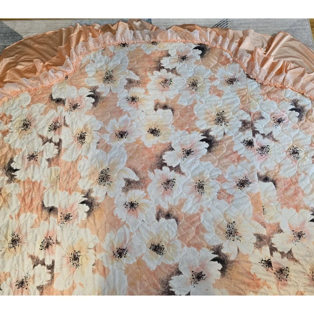 Vtg Twin Satin‎ Bedspread Peach Floral Ruffle Lace Beatrice 'Hollywood Regency'